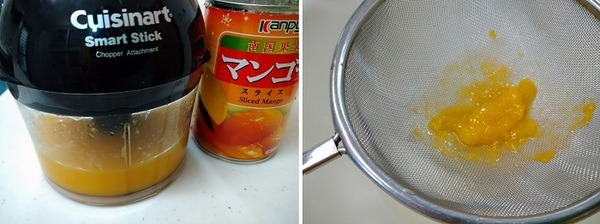 マンゴーをつぶしてジュース状にする