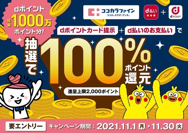 ココカラファイン 総額1,000万dポイント！抽選で100％ポイント還元キャンペーン