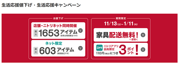 ニトリの生活応援値下げ