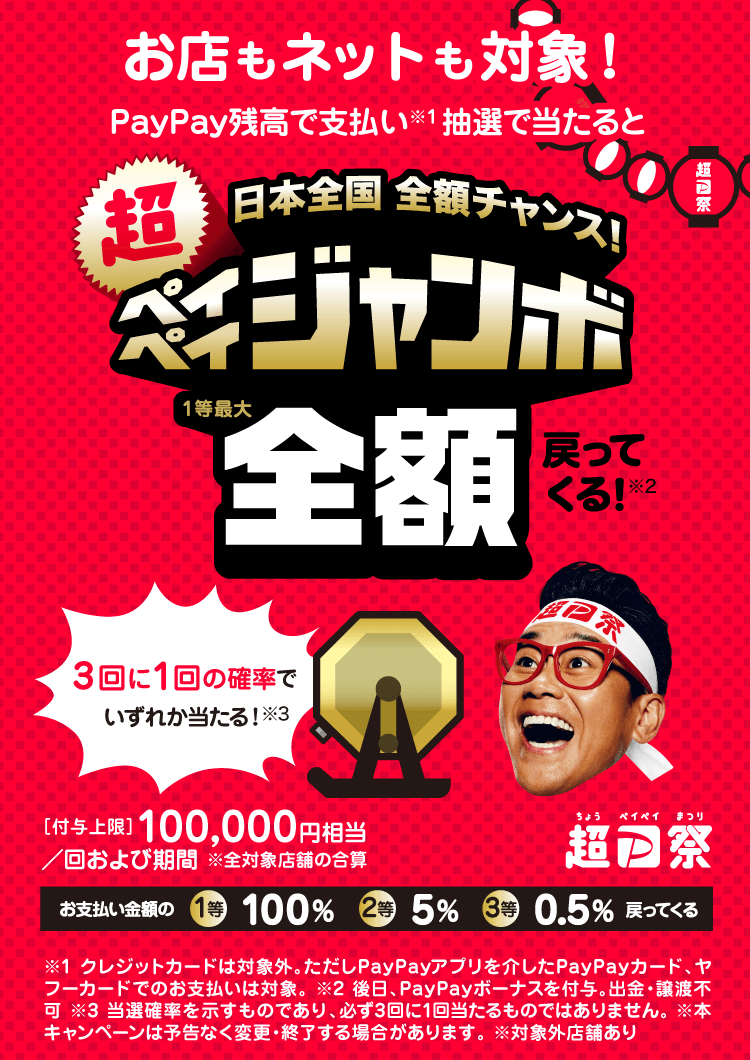 お店もネットも対象！PayPay残高で支払い（※1）抽選で当たると 日本全国全額チャンス！超ペイペイジャンボ1等最大全額戻ってくる！（※2）|3回に1回の確率でいずれか当たる！（※3）|[付与上限]100,000円相当／回および期間 ※全対象店舗の合算|お支払い金額の1等100％ 2等5％ 3等0.5％ 戻ってくる|※1 クレジットカードは対象外。 ただしアプリを介したPayPayカード、ヤフーカードでのお支払いは対象。|※2 後日、PayPayボーナスを付与。出金・譲渡不可|※3 当選確率を示すものであり、必ず3回に1回当たるものではありません。|※本キャンペーンは予告なく変更・終了する場合があります。|※対象外店舗あり