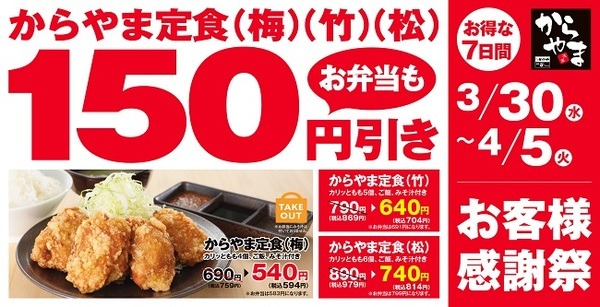 からやま定食などが最大165円値引き