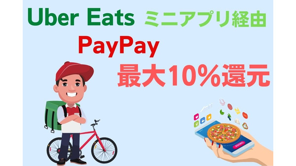 【PayPay × Uber Eats】ミニアプリ経由で「最大10％戻ってくる！！（6/12まで）」　PayPay残高払い以外は対象外 画像