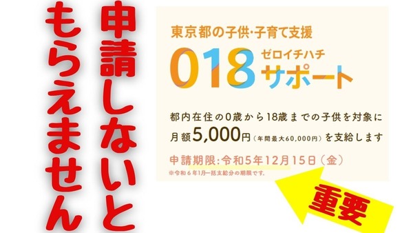 年間6万円は申請しないともらえません。東京都子育て支援018サポート12/15申込締切（令和6年1月一括支給分） 画像