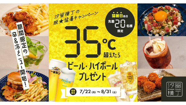 ビールやハイボールが無料で楽しめるキャンペーン（7/22-8/31）汐留横丁で猛暑対策中