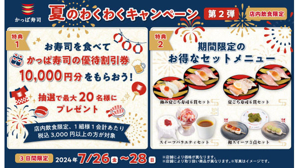 7/26、27、28限定　かっぱ寿司、夏のわくわくキャンペーン第2弾開催　優待割引券をプレゼント