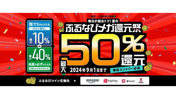 事前エントリーと寄附で最大50％還元(8/2-9/1) ふるなびコインはAmazonギフトカード、PayPay残高、dポイント、楽天ポイントに交換可能 画像