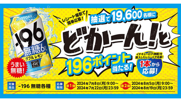 これは当たる！抽選で19,600名に選べるデジタルポイント196ポイント分（8/19まで）サントリー「-196無糖」を購入→レシートで応募 画像