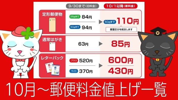 10月～郵便料金値上げ一覧　新料金はいくら？古いレターパックは使える？差額はどうする？疑問を解決 画像