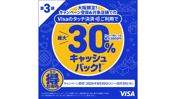 15%キャッシュバック　大阪限定Visaタッチ決済キャンペーン第3弾(8/20-10/31) 画像