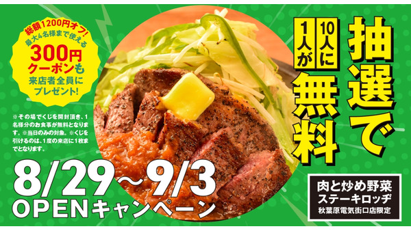 10人に1人が無料に！秋葉原に新店舗オープン記念『肉と炒め野菜 ステーキロッヂ』(8/29-9/3) 画像