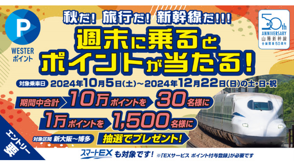 山陽新幹線「全線開業50周年」を記念したポイント還元キャンペーンを実施　エントリーしてポイントをもらおう 画像