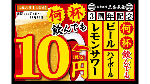 三呑み屋三宮店、3周年記念で生ビール、ハイボール、レモンサワーが何度でも1杯10円！キャンペーン 画像