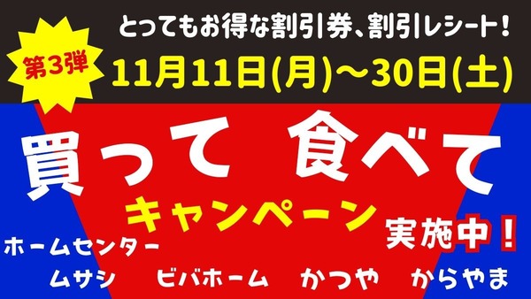 かつ丼・唐揚げ×ホームセンターの異色コラボ(11/11～)　100円割引クーポンか5％割引クーポンどちらを先にもらうとお得か 画像