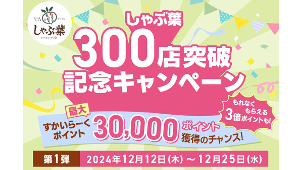 しゃぶ葉、300店舗突破記念キャンペーン実施　注目はポイント3倍！最大300名にお食事券プレゼント 画像