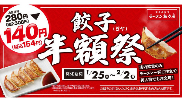 魁力屋「餃子半額祭（1/25-2/2）」ラーメン1杯注文で餃子（5個）154円！ 画像