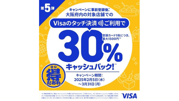 大阪限定Visaタッチ決済で30％キャッシュバック（2/5-3/31）概要を確認 画像