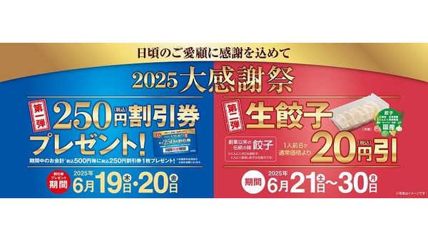 「実質半額キターー！」　餃子の王将、500円毎に250円割引券プレゼント　6/27からは新たなキャンペーンも 画像