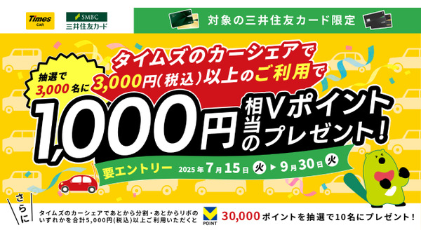 【三井住友カード】タイムズカーでおでかけして最大3万円相当Vポイントが当たる！？ 画像