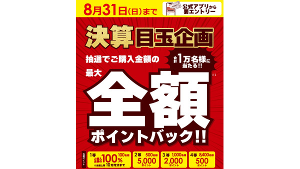【ビックカメラ】8月の買い物がタダに？最大全額ポイントバック抽選キャンペーン 画像