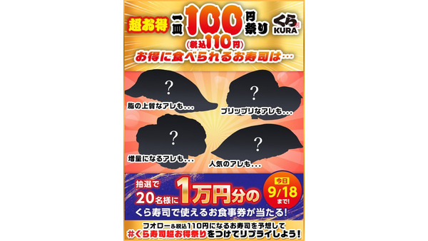 【9/18限り】無添くら寿司「超お得1皿100円祭り」開催記念 総額20万円分の食事券配布 画像