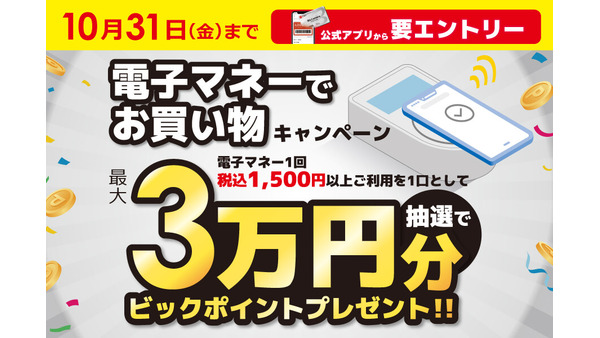 ビックカメラで最大3万ポイント当選キャンペーン開催中 10月末まで 画像