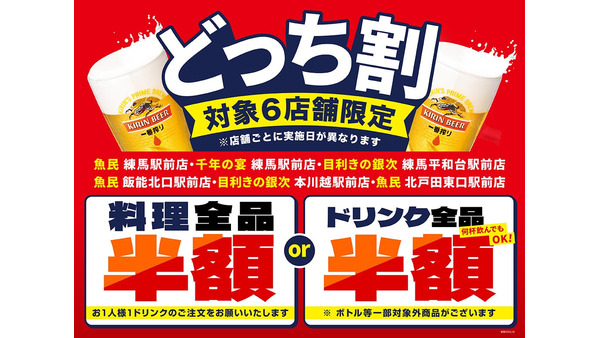 料理かドリンクどちらか全品半額に！「魚民」「目利きの銀次」など6店舗でセール開始 画像