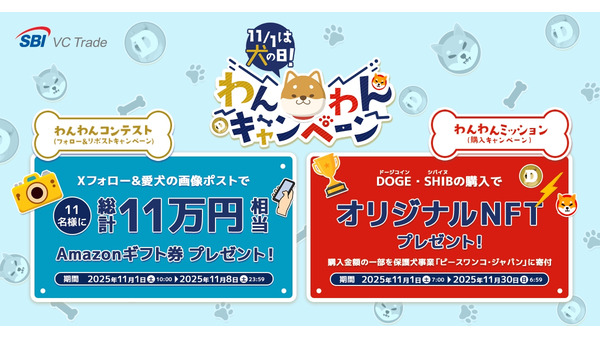 SBI VCトレードが11/1「犬の日」キャンペーン開催 アマギフやNFTプレゼント