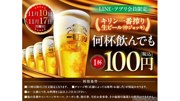 魚民や目利きの銀次などで生ビールが100円に！11/10と11/17にキャンペーン実施 画像