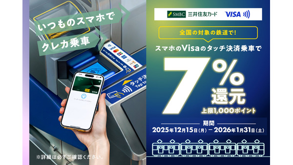 三井住友カードで鉄道利用額7%還元！スマホVisaタッチ決済キャンペーン 画像