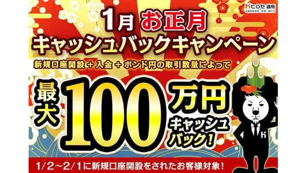 ヒロセ通商LION FXが最大100万円還元！お正月新規口座開設キャッシュバックキャンペーン 画像