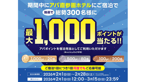 アパホテル会員必見！宿泊で最大1,000ポイントが当たるチャンス【2月限定】 画像