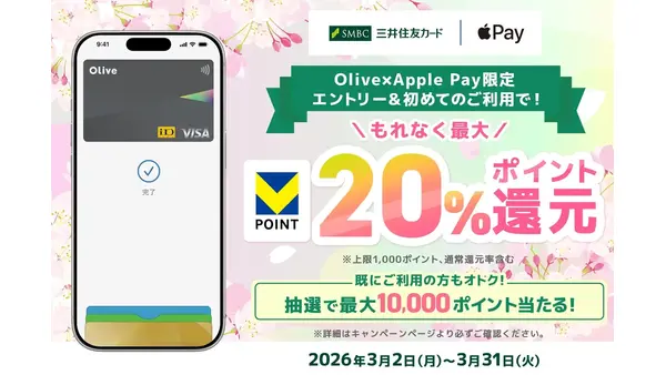 三井住友カードOlive限定！Apple Pay利用で最大20%還元＆1万ポイント抽選 画像