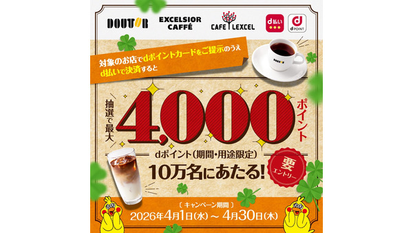 ドトールでdポイントカード提示＆d払いで最大4,000pt当選【4月限定】 画像