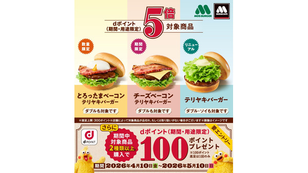 モスバーガーでdポイント5倍！テリヤキバーガー全7種が対象