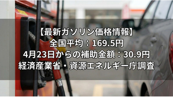 ガソリン全国平均169.5円に上昇 4月23日からの補助額は30.9円【経産省資源エネルギー庁調査】 画像