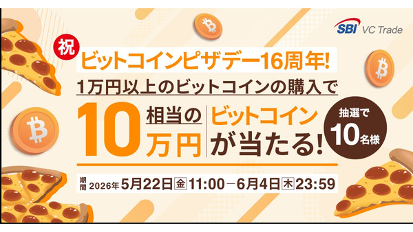 SBI VCトレード ビットコインピザデー16周年記念！10万円相当のBTCを抽選で10名にプレゼント 画像