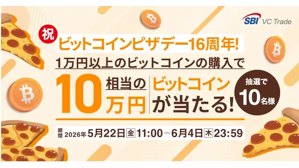 SBI VCトレード ビットコインピザデー16周年記念！10万円相当のBTCを抽選で10名にプレゼント 画像
