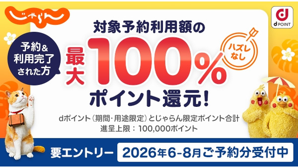 じゃらんnetで抽選100名にdポイント最大100%還元！当選確率が上がる条件も解説 画像