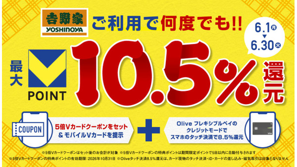 吉野家Vポイント5倍とOliveタッチ決済で最大10.5%還元 画像