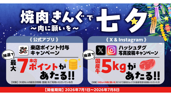 焼肉きんぐが七夕キャンペーン開催 アプリ抽選で最大7ポイント＆国産牛5kgが当たる 画像