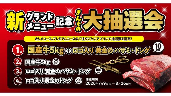 【焼肉きんぐ】グランドメニューリニューアル記念「きんぐの大抽選会」を7月9日より開催 画像