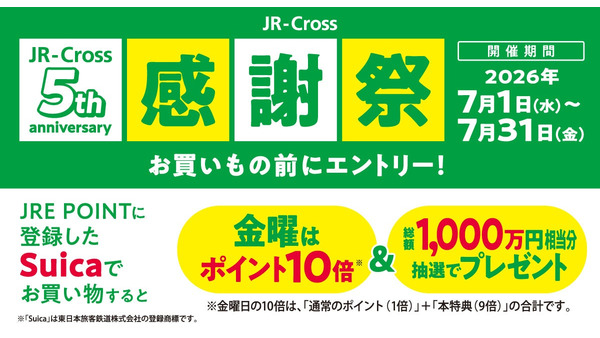 JR東日本クロスステーション5周年記念！金曜日ポイント10倍や総額1,000万円相当の抽選プレゼント 画像