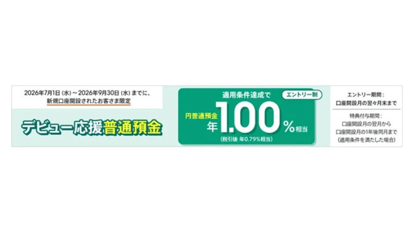 【auじぶん銀行】新規口座開設で普通預金金利が年1.00%に 画像
