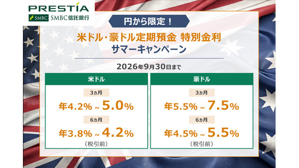 【SMBC信託銀行】米ドル最大年5.0％・豪ドル最大年7.5％の外貨定期預金サマーキャンペーン 画像