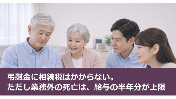 弔慰金に相続税はかからない。ただし業務外の死亡は、給与の半年分が上限 画像