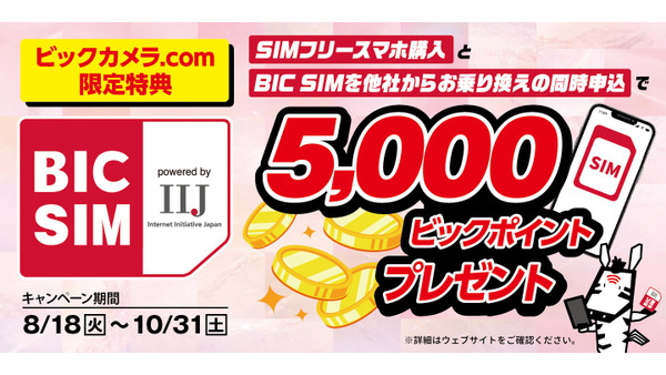 ビックカメラグループのBIC SIM、スマホ購入とMNP乗り換えで最大5,000ポイント還元キャンペーン開始 画像