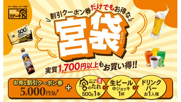 ステーキ宮のお得な「宮袋」8/24発売 3,300円で5,000円分クーポンと特典が楽しめる？ 画像