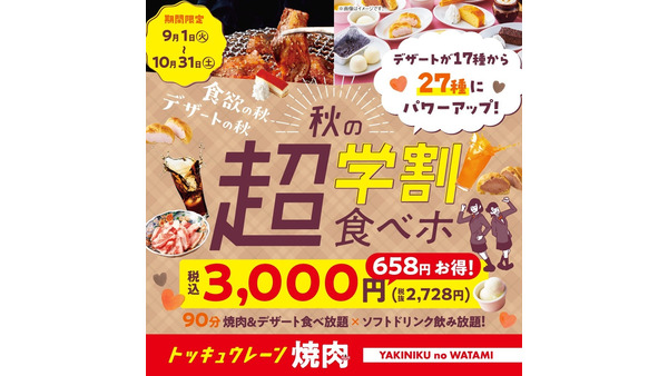 【焼肉の和民】学割新プラン！焼肉90分＋デザート27種食べ放題が3,000円 画像