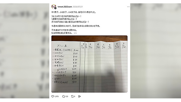 「フルコンボで1日700円稼げるんだよー！」自宅バイト表が9.7万表示　母の家事負担が7割減、子どもに響いた意外な「報酬」 画像