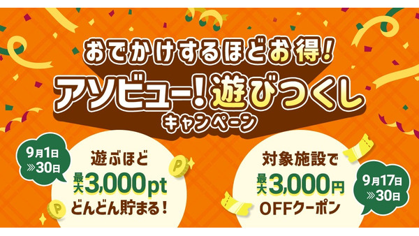 アソビュー！最大3,000円OFFクーポン、9月17日12時から配布開始 東京スカイツリーなど全国20施設が対象 画像